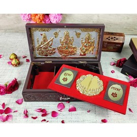 GoldGiftIdeas 24K Gold Plated Laxmi Ganesha Saraswati Photo Frame with Charan Paduka Box, Return Gift for Housewarming, LGS Wooden Momento Gift, Prosperity Gift