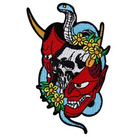 Zegin Sketch Oni Mask with Snake Patch Embroidered Applique Badge Iron On Sew On Emblem