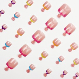Colorful French Press on Toenails Short WLGDLH Summer Fake Toe Nails Multicolor French Designs Nude Press on Toenails for Women Glossy Toe Nail Tips Full Cover Glue on Toenails 24Pcs