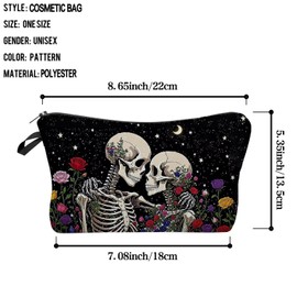 Livel lhood Floral Skeleton Makeup Bag Cute Small Organizer Zipper Pouch Floral Skeleton Lovers Cosmetic Bag Birthday Present for Women Friends