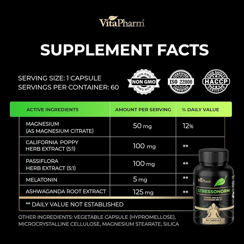 VitaPharm Stressonorm - Herbal Supplement with Magnesium, Ashwagandha, Passiflora &