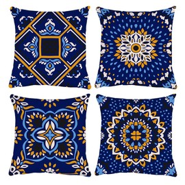 QUALKNOY Velvet Cushion Covers 45 x 45cm Pack of 4 Blue Yellow Modern Boho Mandala Floral Decorative Throw Pillow Covers 18"x18" for Sofa Living Room Outdoor Garden Home Decor Pillowcases