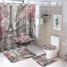 TOWINSFB 4Pcs French Country Street Shower Curtain Sets, Bathroom Decor Set with Rugs, Bath Mat Retro Car Beautiful Paris Eiffel Tower Shower Curtain, 72 X 72 Inch