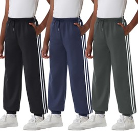 EXARUS 3 Pack Boys Sweatpants Drawstring Pants with Pockets Daily Graphic Print Swaet Pants Causal Pants for Teen Boy Exercise Outdoor Side Stripes Black Navy Grey 8Y