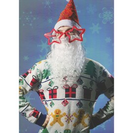 Designer Greetings Man Wearing Santa Hat, Star Glasses, Beard and Ugly Sweater Photo Humorous/Funny Christmas Card