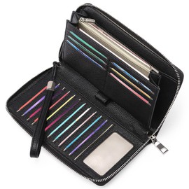 GAEKEAO women's wallet, large capacity leather women's wallet, zip clutch, bracelet with RFID blocking and more, Aa-black