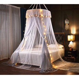VETHIN Princess Bed Canopy for Girls Double Layer Sheer Mesh Dome Elegant Embroidery Lace Mosquito Net Bed Curtain for Full Queen King Bed with led Stars String Lights(Grey/White)