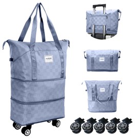 WOOMADA Rolling Duffel Bag with Wheels, Detachable Rolling Carry-On Luggage, Expandable Foldable Large Suitcase for Travel, Business, Camping, Gift for Parents, Spouse(lightblue Checkerboard)