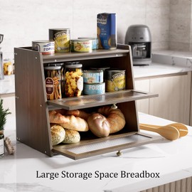 Bread Box for Kitchen Counter Double Layer Bamboo Bread Box Large Bread Box Wooden Bread Storage Box with Acrylic Window (Brown)
