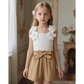 Momkonzz Girls Summer Clothes Set for Kids Flower Sleeveless Tank Top + Shorts + Belt Tween Outfits Size 7-12T (White, 8-9T)
