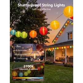 25FT Colorful Lantern String Lights Outdoor Waterproof, 10 Nylon 8-Inch Hanging Lanterns with 11 G40 LED Bulbs, End-to-End Connectable Decorative Patio Lights for Party, Garden, Backyard