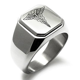 Stainless Steel Caduceus Staff of Hermes Symbol Engraved Square Flat Top Biker Style Polished Ring, Size T 1/2