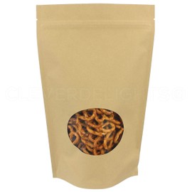 CleverDelights Kraft Window Stand Up Pouches - 16oz - 100 Pack - 7" x 11.5" x 4" - Resealable Bag