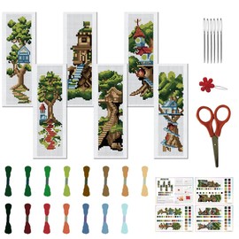 FREEBLOSS Set of 6 Cross Stitch Bookmark Sets, Tree House, Cross Stitch Set, Hand Embroidery Set, Large Tree Pattern, Stamped Cross Stitch Set, Stick Starter Set for Adults, Gift, 6 x 20 cm