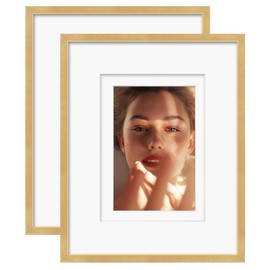 Egofine 20 x 25 cm Aluminium Picture Frame Display with Mats for 10 x 15/13 x 18 or 20 x 25 cm without Mat, Metal Picture Frame Covered with Plexiglass for Table and Wall Mounting, Pack of 2, Gold
