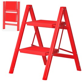 DIAMONDFORGE 2 Step Ladder, Folding Step Stool with Anti-Slip Wide Pedal, Anti-Slip Feet, Sturdiest Steel Construction, Steel Ladder for Home and Office, Red
