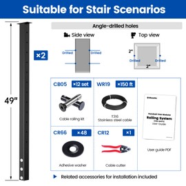 Muzata 5-10FT Modular Black Side Mount Cable Railing Kit 42 Inch 2 Level Post Kit Complete Set Cable Railing System for Decks Length Adjustable Easy DIY with User Guide (No Handrail) RWF2 BH4L