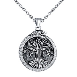 INFINIONLY Fashion Tree of Life Stainless Steel Locket Necklace for Men Women Creative Tree of Life Chains with Snake Vintage Pendant with 55 cm Chain Hip Hop Decoration for Teenagers, Stainless