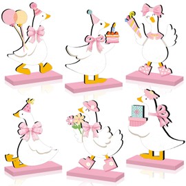 6Pcs One Silly Goose Birthday Decor Girl Wooden Goose Table Decor, Pink One Silly Geese Birthday Centerpiece for Women Pink Bow Duck Funny Party Supplies