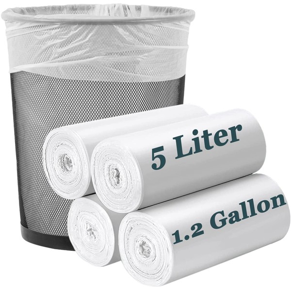 Small Trash Bags 1.2 Gallon, Biodegradable Gallon Waste Bag, Mini Compostable Strong Bathroom Wastebasket Can Liners Garbage Bags for Home Office Kitchen Fit 5 Liter 5L, 1 Gal, White 120 Pcs