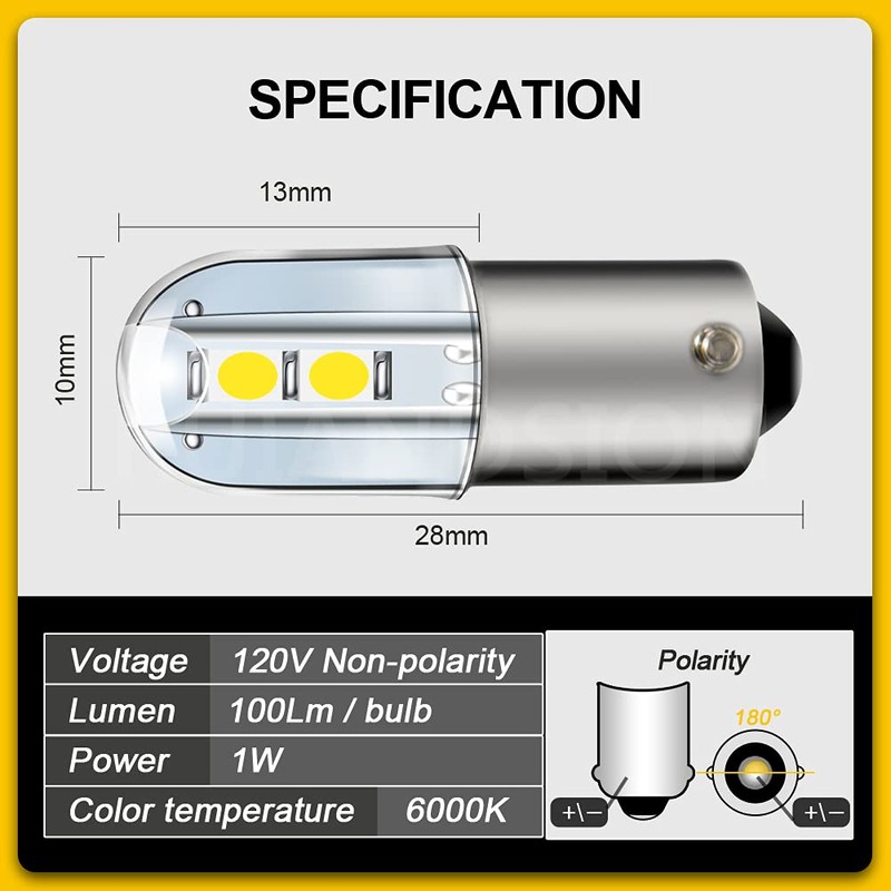 Ruiandsion BA9S LED Bulb 120V AC/DC 9mm Miniature Bayonet 3030