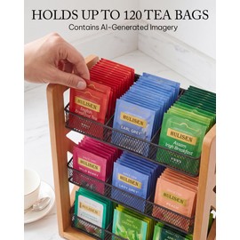 HULISEN 3 Tier Tea Bag Organizer for 120 Tea Bags, Tea Bag Holder with Removable Basket, Wood Stand & Metal Teabag Storage Rack for Coffee Bar Counter Kitchen Cabinet Pantry, Countertop or Wall Mount
