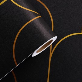 Skyblur 17.5"x315" Luxury Wallpaper Peel and Stick Modern Contact Paper for Cabinets and Drawers Black and Gold Yellow Geometric Removable Wall Paper for Bedroom Bathroom Renter Friendly