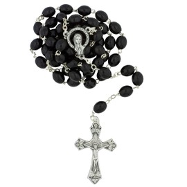 Classic Rosary with Oval Hail Mary Beads and Silver-Tone Crucifix and Medal | Great Catholic Gift for Reconciliation, First Holy Communion, and Confirmation (Black)
