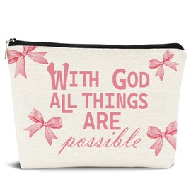 Dejfel Coquette Pink Bow Makeup Bag,Pink Bow Bible Verses Cosmetic Bags Zipper Pouch Travel Toiletry Bag,Preppy Jesus Aesthetic for Birthday Party Girls Travel Storage Accessories