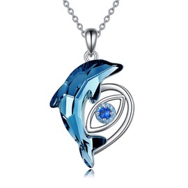 POPKIMI Dolphin Gifts for Women 925 Sterling Silver Dolphin Necklace Dolphin Blue Crystal Necklace Dolphin Jewelry