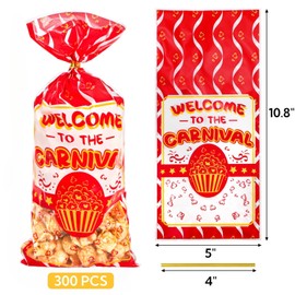 YIMITEE 300 Pack Carnival Treat Bags with Tie, 10.8" x 5" Plastic Circus Red White Stripe Gift Bags, Goodie Storage Bag for Birthday Baby Shower Party Favor Supply Candy Cookie Cupcake Carnival Decor