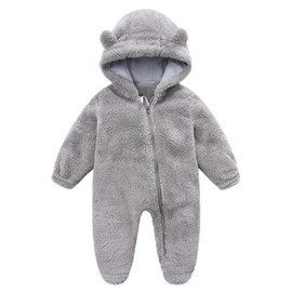 MAHUAOYIXI Toddler Baby Romper Infant Baby Boys Girls Long Sleeve Footies Hooded Zipper Closure Bear Ear Snowsuit Winter Fuzzy Jumpsuit for Baby Boys Girls Clothes (Gray, 3-6 Months)