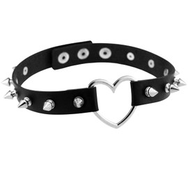 JewelryWe Jewellery Women's Leather Choker Necklace, Gothic Punk Lolita Heart, Spike Studs Slave Collar Necklace 34–38 cm Adjustable Necklace Chain – Black