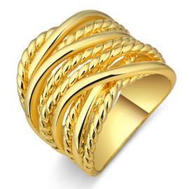 Mytys Silver 2 Tone Wide Statement Rings Vintage Cable Wire Crossover Chunky Band Rings for Women Men (14K Gold, 7)