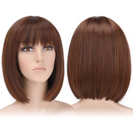 HSPJHTM Brown Bob Wigs,Short Bob Hair Wigs 12" Straight with Bangs Synthetic Colorful Cosplay Daily Party Wig for Women Natural Medium Warm Brown (Free Wig Cap)