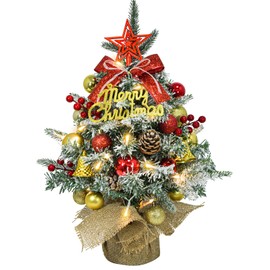 Mini Artificial Christmas Tree with LED, 45 cm Small Christmas Tree Decorated with Artificial Snow and Ornaments, Mini Christmas Tree for Christmas Decoration (Red Silver Gold)