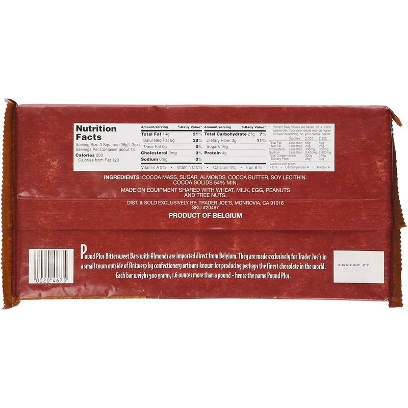 Trader Joe's Pound Plus Bittersweet Chocolate with Almonds 17.6 oz.