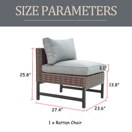 LOKATSE HOME Wicker Patio Sofa Chair Armless with Cushions and Metal Frame Outdoor Furniture for Garden Backyard Pool, Brown