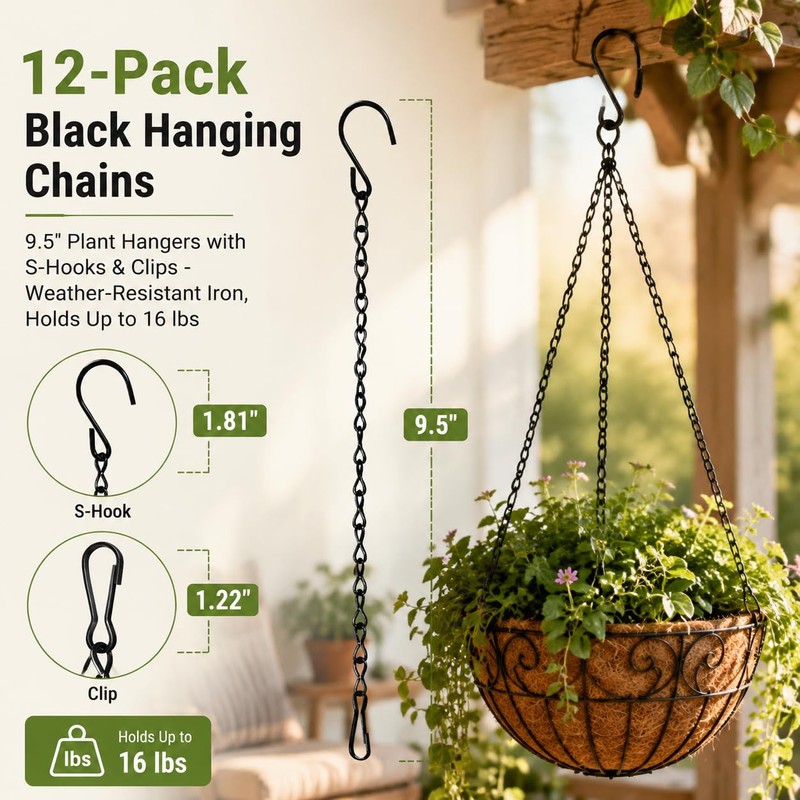 9.5 Inch Black Hanging Chains, 12 Pack Plant Hangers for