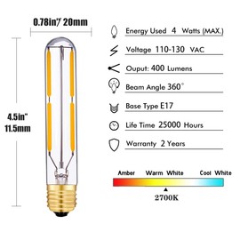 T20/T6.5 - foco de tubo LED tubular regulable de 4 W, equivalente incandescente de 40 W, base intermedia E17 blanca cálida de 2700 K, estilo Edison para foco de salida, 400 lúmenes, paquete de 2