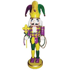 CC Christmas Decor Purple, Green and Gold Mardi Gras Decorative Wood Nutcracker with Parade Beads