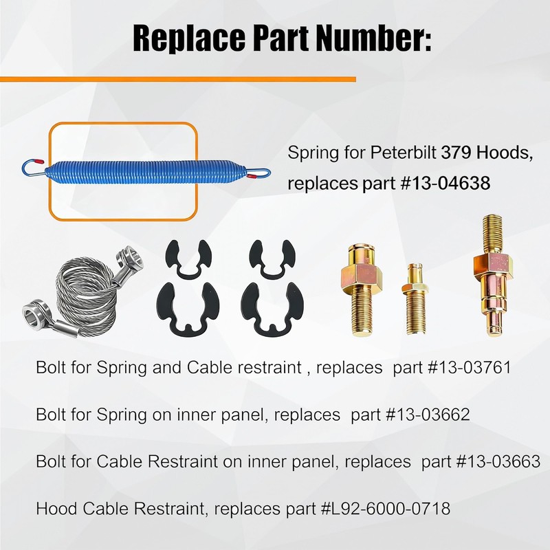 Hood Spring,Cable and Stud Bolts w/Retaining Rings Compatible with Peterbilt