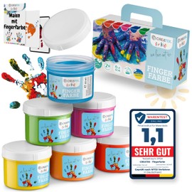 CreaTek CreaTek - Fingerfarben Kinder ungiftig ab 2 Jahre [ inkl. lustiger Malvorlagen ] 100% sicher, vegan, geruchlos & auswaschbar - 6x leuchtende Grundfarben je 60ml - Fingermalfarben für Kinder ungiftig