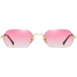 RUNHUIS Retro Rimless Rectangular Sunglasses for Women Men Vintage Hexagon Tinted Lenses, Gold/Pink Gradient
