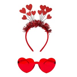 Pokinge 2Pcs Valentine Heart Headband and Heart Sunglasses Set, Love Hair Hoops Sunglasses Red Heart Headpiece Hair Bands for Valentine Wedding Anniversary