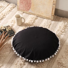 Popular Handicrafts Large Cotton Hippie Floor Pillow Cover - Solid Decorative Cushion Cover with Pom Poms Soft Particles - Pouf Cover Round Bohemian Yoga Decor Floor Cushion Case- 18" Black