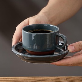 JIEMEI HOME Porcelain Stackable Cappuccino Cups with Saucers and Metal Stand, 7 Ounce Espresso Cups for Latte Coffee Cafe, Specialty Coffee Drinks, Cappuccino and Tea - Set of 6, White