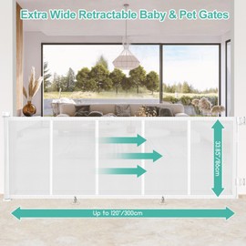 Upgrade 120 inch Retractable Baby Gates, EZIGO Extra Wide Baby Gate for Large Opening Extra Long Mesh Gate for Kids or Pet Dog Gate Child Safety Gate for Stairs Hallways Doorway Indoor Outdoor, White