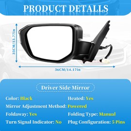 Black Left Driver Side Mirror Replacement For Honda Civic 2016-2021 -Power Heated Manual Folding,For Civic Side Mirror#76258TBAC02ZA HO1320284(5Pins)