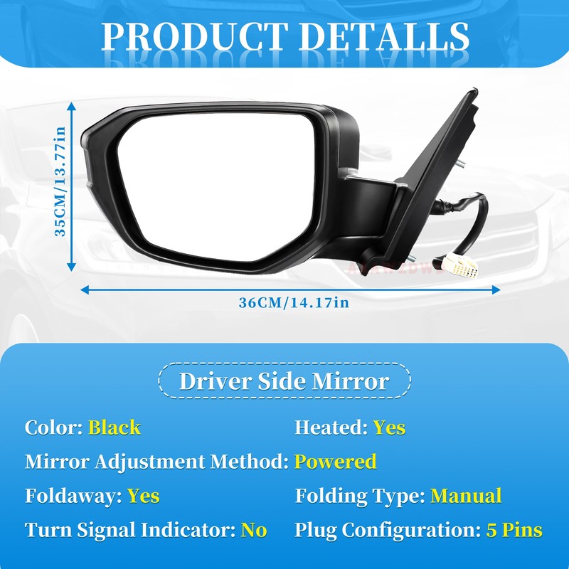 Black Left Driver Side Mirror Replacement For Honda Civic 2016-2021